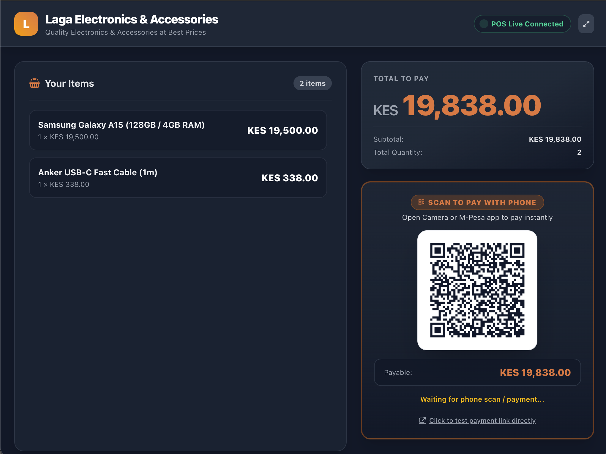Kasoko Customer Display Screen showing live cart items, Total to Pay KES 19,838.00, and Scan to Pay QR code